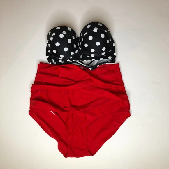 Unique & Classic High Waist Polka Dot Red 2 Piece Swimsuit L - Picture 1 of 3